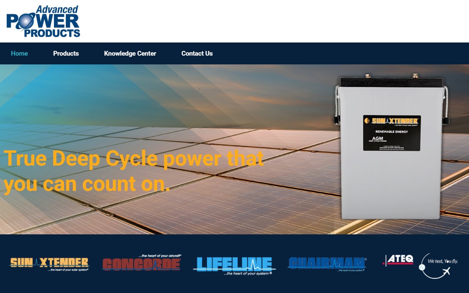 Advanced Power Products home page: "True Deep Cycle power that you can count on." hero over solar panels, with Sun Xtender, Concorde, Lifeline, Chairman, and ATEQ brand logos
