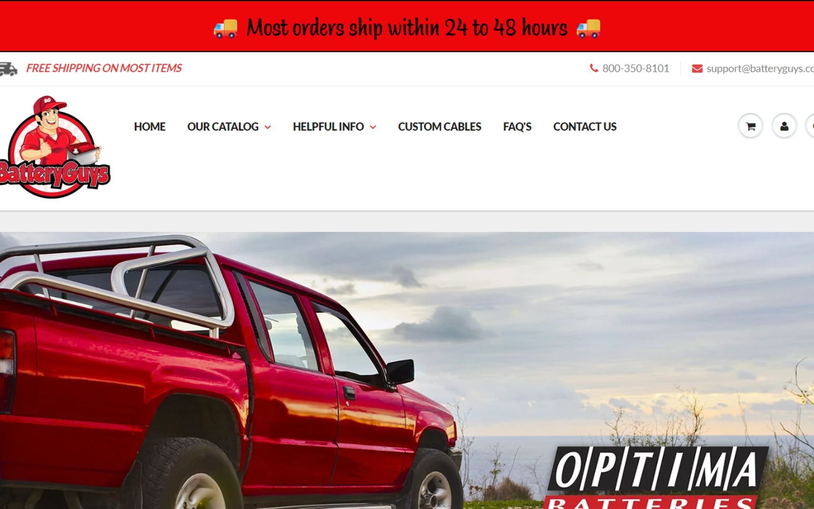 BatteryGuys home page: hero banner for OPTIMA batteries above a truck, with catalog and custom cables navigation