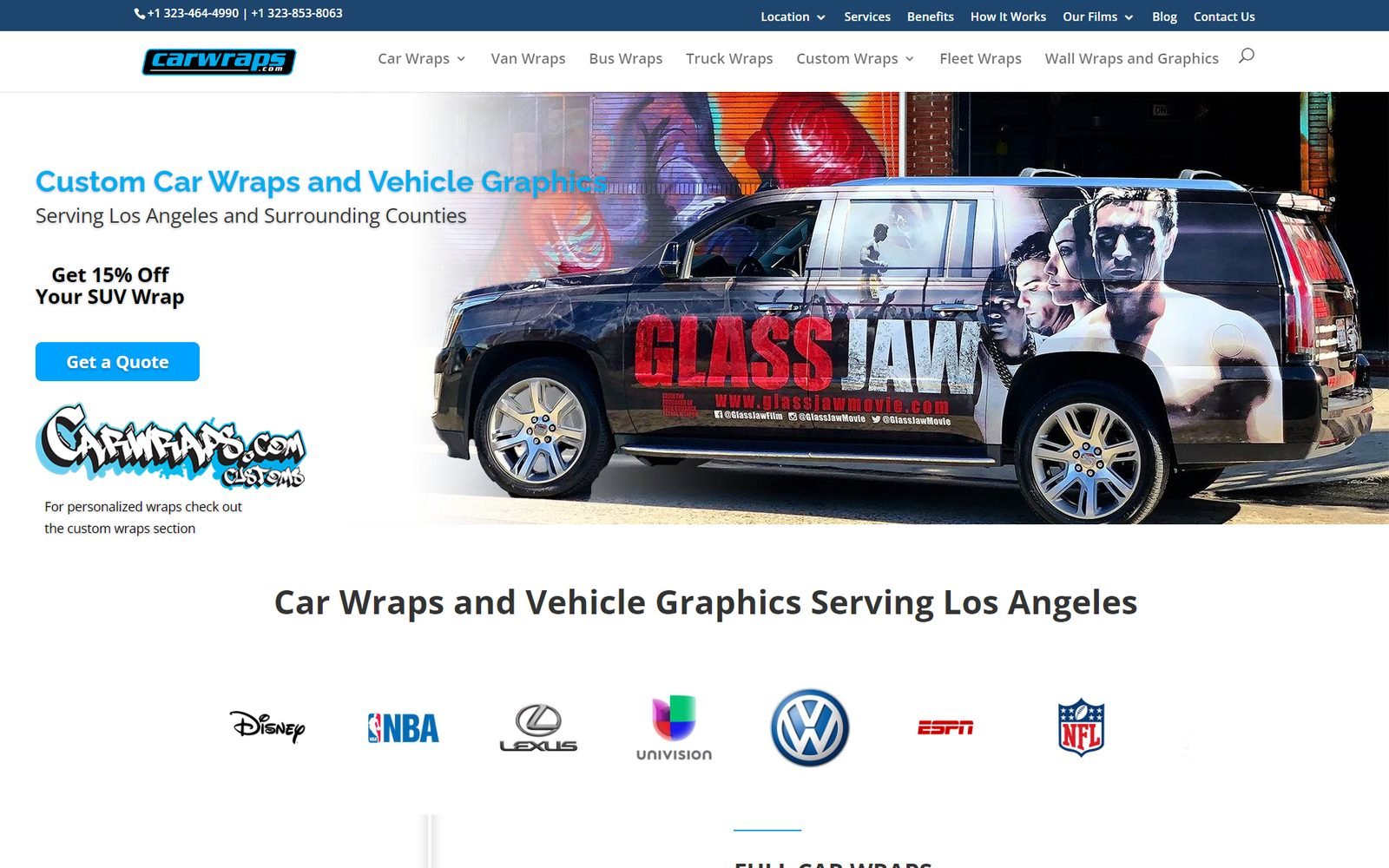 Carwraps home page: "Custom Car Wraps and Vehicle Graphics" headline and Get a Quote button beside a fully wrapped SUV, above a row of client logos