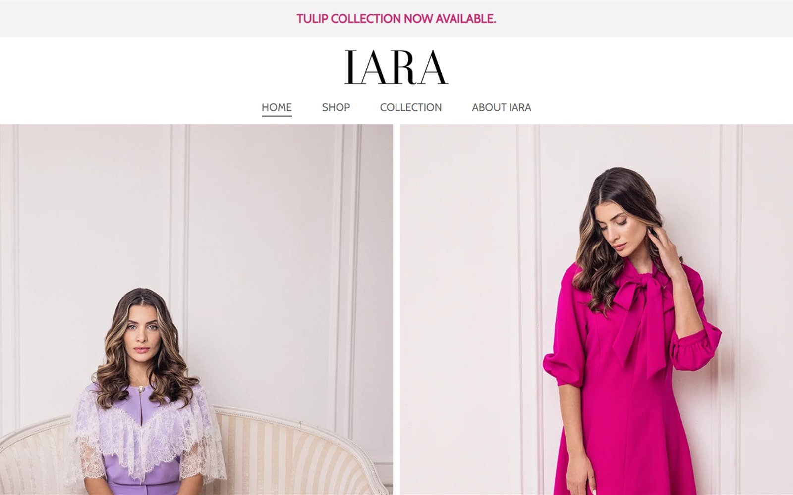 IARA home page: split hero photos of models in a lavender lace cape and a magenta dress, under the IARA wordmark