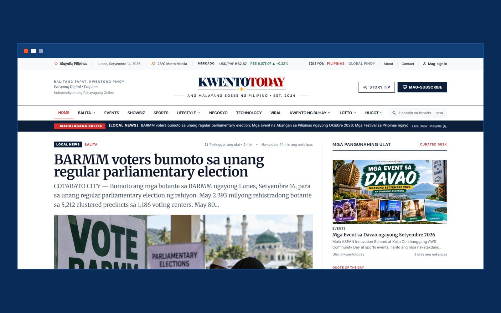 KwentoToday home page: newspaper masthead, category navigation, breaking-news ticker, and a lead story on the BARMM parliamentary election