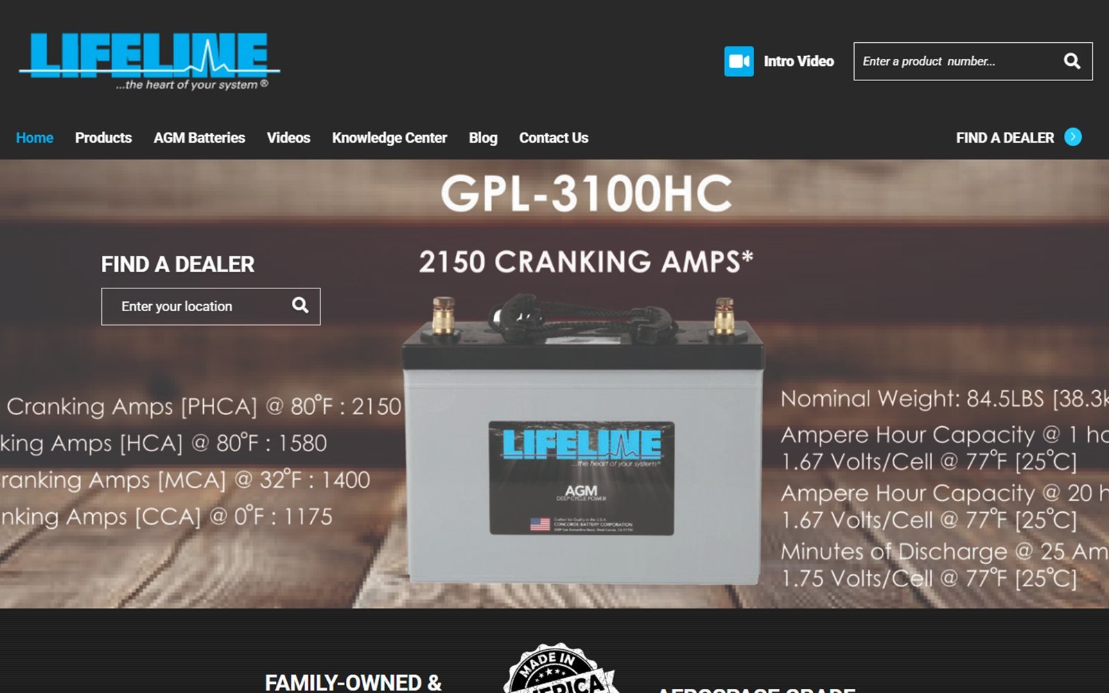 Lifeline Batteries home page: GPL-3100HC AGM battery spec sheet over a Find a Dealer search box