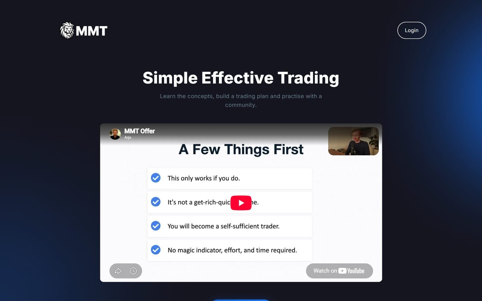 MMT home page: "Simple Effective Trading" headline above an offer video titled "A Few Things First" on a dark navy background
