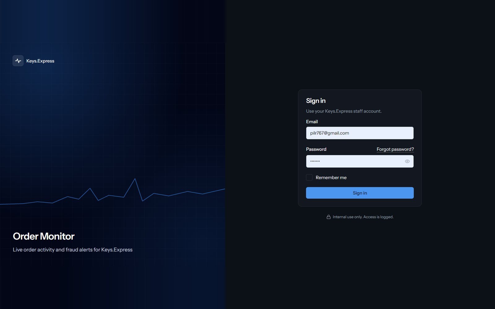 Order Monitor sign-in page: "Live order activity and fraud alerts for Keys.Express" beside a staff sign-in form