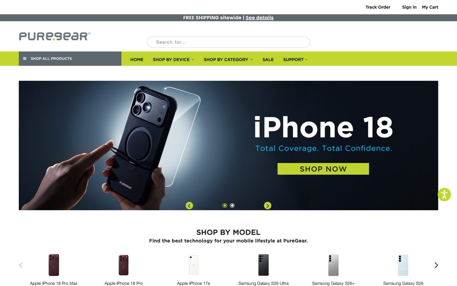 PureGear home page: iPhone 18 case hero banner with a Shop Now button below the Shop by Device and Shop by Category menu, above a Shop by Model carousel