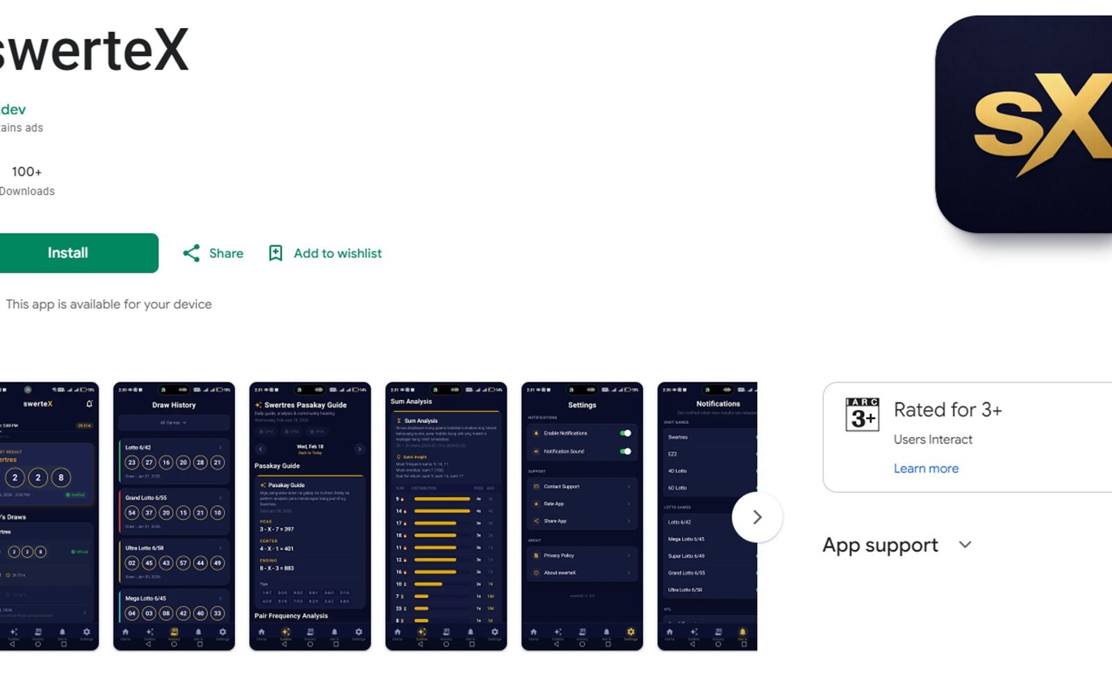 swerteX Play Store listing showing app screens for live draw results, draw history, Pasakay guide, and sum analysis