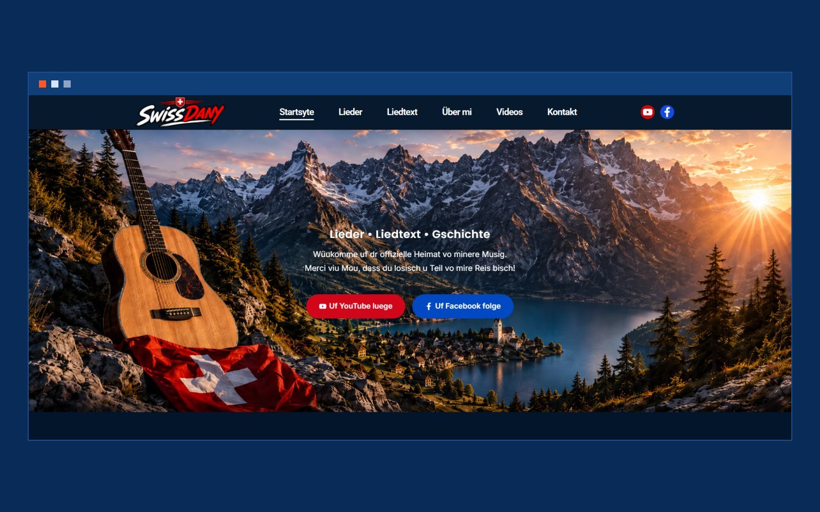 SwissDany home page: alpine sunset hero with a guitar and Swiss flag, and YouTube and Facebook buttons