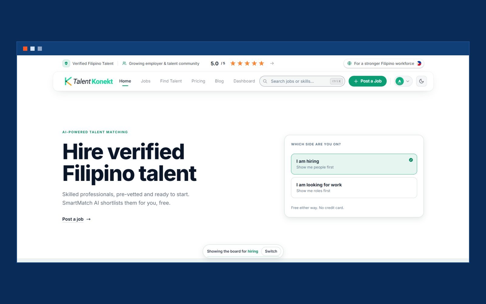 TalentKonekt home page: "Hire verified Filipino talent" hero with a choice between hiring and looking for work